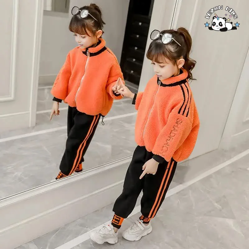 LEZONKIDS - Conjunto de Roupas de Treino para Meninas de 2 a 14 Anos, Uniforme de Fleece Polar Sólido para Outono e Inverno